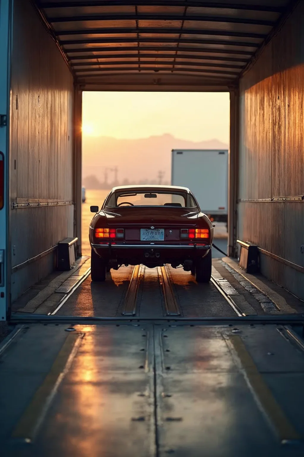 Enclosed trailer unloading a classic car for home pickup car transport Dalhart.