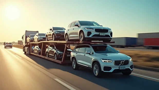 Open car carrier in action for home pickup car transport Dalhart.