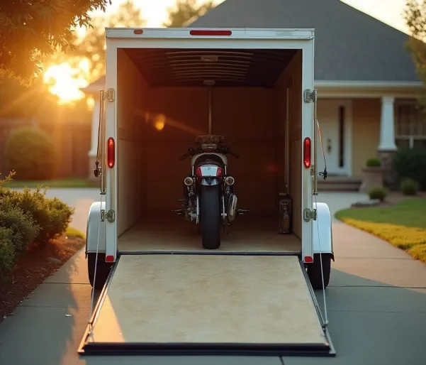 Motorcycle secured inside an enclosed trailer for covered car transport in Dalhart, TX.