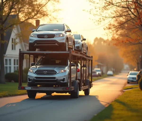 Open car transport on a residential street in Dalhart, TX.